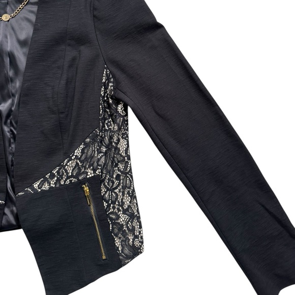 Bebe Black Lace Panel Cropped Blazer Jacket Large Dark Femme Gothic Fitted - Picture 2 of 8